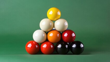 A group of billiard balls arranged in the shape of an isosceles triangle, stacked on top of each other,