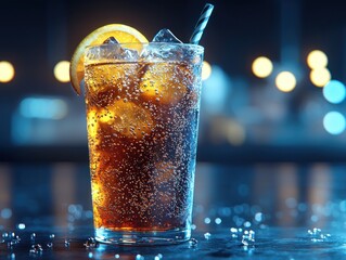 Refreshing cola drink with ice and a slice of lemon