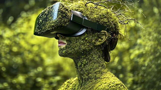 Woman wearing green body with virtual reality headset. Woman wearing glasses and technology. Moss on a green background blurred. A woman donned in a green bodysuit is using a lifestyle virtual.