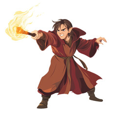 Young wizard casting fire spell with magic wand in action pose, colorful fantasy character illustration, ideal for posters, games, animations, and children's books