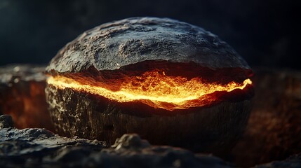 A glowing, molten rock sphere emerging from a dark, rocky surface.