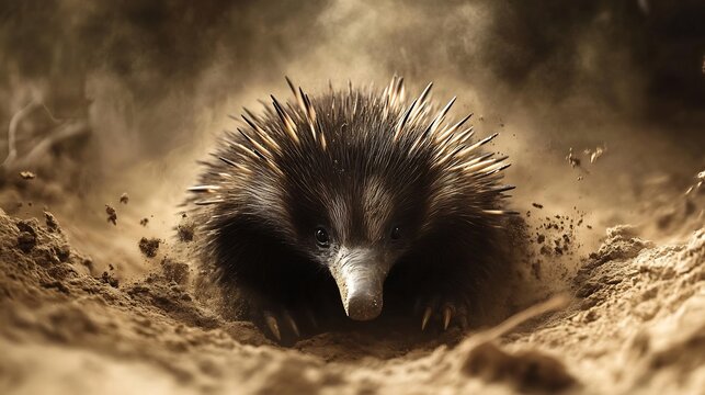 Partially hidden beneath loose soil echidna burrows only spines snout visible evoking sense of mystery intrigue soft earth crumbles around captured mid motion dynamic lighting emphasizes texture depth