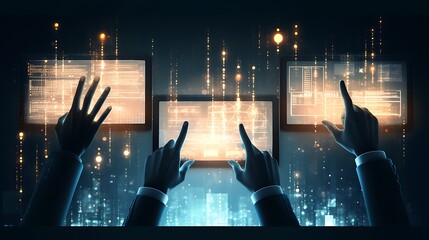 Hands interacting with digital screens displaying code.