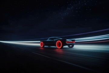 Sleek car with glowing wheels speeds through dark landscape, sho