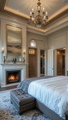Fototapeta premium Elegant and Cozy Bedroom with Chandelier and Fireplace Design