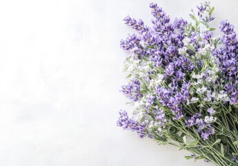 Lavender and White Flower Bouquet on Bright Surface Flat Lay