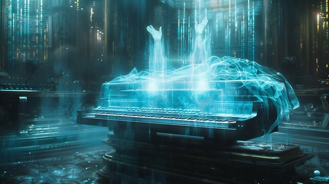 Mystical theremin floating in a sci fi setting with invisible hands controlling its ethereal ghostly sound waves that create eerie glowing notes
