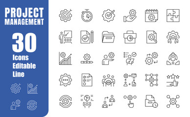 Set of editable project management icons. Tasks, planning, teams, administration, supervision and more. Modern-style vector illustration
