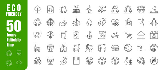 Set of editable eco-friendly icons. Sustainability, recycling, nature, ecological, environment, green, conservation, protection and more. Modern-style vector illustration