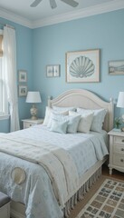 Elegant Coastal Bedroom with Soft Blue Walls and Classic Decor
