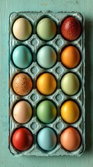 Naturally dyed easter eggs displayed in turquoise carton spring colors