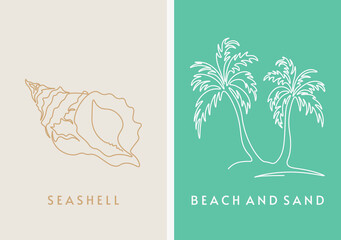 Hand drawn single continuous line logos. Line icons. Shell and palm tree drawing in one line. Simple minimalistic style. Vector templates. For tourism, vacation, travel.