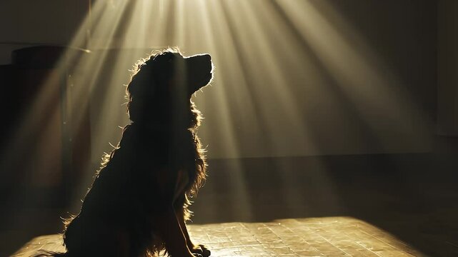 Dog sitting in the sun. Dog is reflected in a light beam. A room with wooden floors sits on a wooden floor. A dog resting in the sunlight lifestyle.