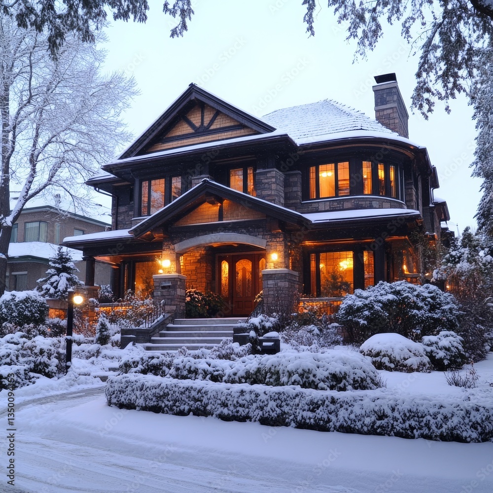 Poster grand winter residence: illuminated windows gleam on a snowy evening in front of the house.
