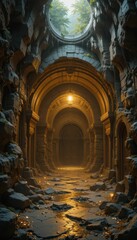 Obraz premium Mysterious Abandoned Tunnel with Glowing Light and Overgrown Plants