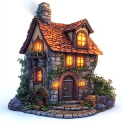 Fototapeta premium Enchanting Stone Cottage with Warm Light: A whimsical abode nestled amongst lush greenery, radiating cozy charm and magical allure.