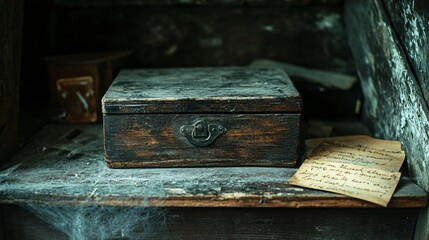 A forgotten wooden treasure box covered in dust and cobwebs, resting on an old attic shelf with faded letters beside it