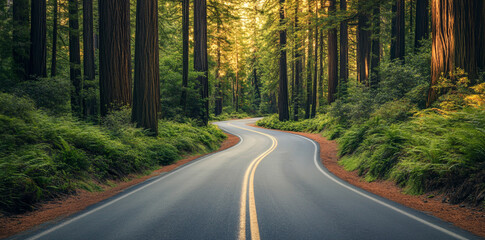 Obraz premium Winding road through a dense forest with tall trees and lush green vegetation on either side of the road