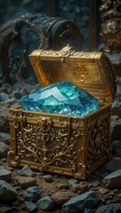 Ornate Treasure Chest Filled with Shimmering Blue Gemstone