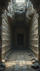 Ancient Temple Passage with Intricate Carvings and Natural Lighting