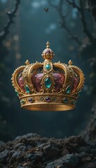 Luxurious Crown with Gems Against Mystical Forest Background