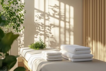 Mesa de massagem com toalhas brancas dobradas em ambiente minimalista com luz do sol filtrada por venezianas e plantas verdes ao redor, IA generativa