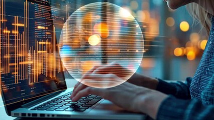 Senior woman processing financial data on laptop in urban cafe during evening hours, financial data processing over senior caucasian woman using laptop - Powered by Adobe