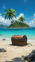 Treasure Chest on Sandy Beach with Palm Trees and Crystal Water