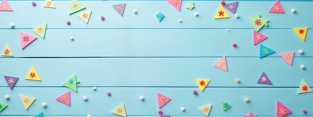 A blue wooden background with a pattern of colorful paper triangles.