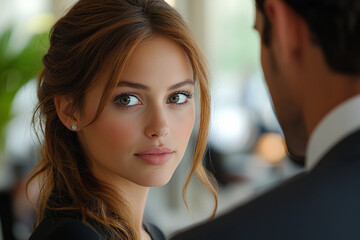 Captivating moment between two people in a modern setting