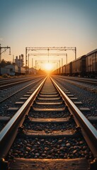 Fototapeta premium Sunset Over Train Tracks with Freight Cars in an Industrial Area