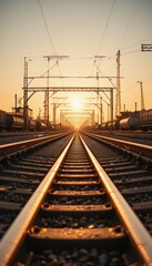 Fototapeta premium Serene Sunset Over Train Tracks with Glowing Horizon and Silhouettes