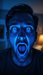 Fototapeta premium Intense Man Expressing Shock and Fear in Dimly Lit Environment