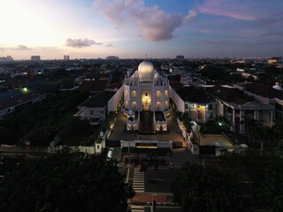 Jakarta Indonesia May 17, 2022. Aerial view of Ramlie Musofa Mosque located in North Jakarta,...