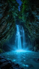 Enchanting Waterfall Surrounded by Lush Greenery and Illuminating Mist