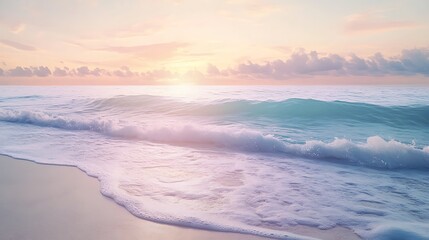 Fototapeta premium A serene beach scene at sunset, showcasing gentle waves and a colorful sky.