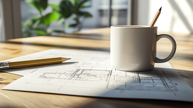 A workspace scene with a cup, pencil, and architectural plans on a wooden table.
