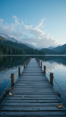 Fototapeta premium Serene Lakeside Dock Under Blue Sky Surrounded by Majestic Mountains