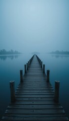 Obraz premium Serene Foggy Pier Stretching Across Tranquil Lake at Dawn