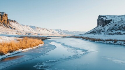 Winter Landscape with River and Snow-Covered Mountains at Sunrise