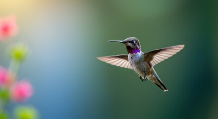 Fototapeta premium A tiny hummingbird flaps its wings rapidly, glowing in the sunlit greenery.