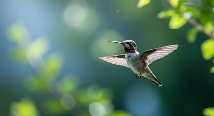Fototapeta premium A mesmerizing hummingbird feeding on nectar, enveloped in lush botanical beauty.