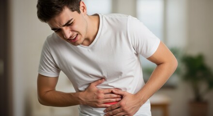 Young Man with Stomach Pain and Red Mark