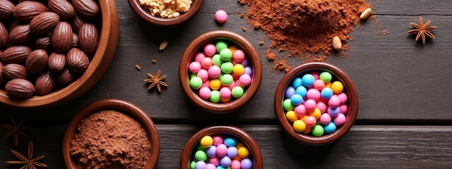 Fototapeta premium A wooden table topped with bowls filled with different colored candies.