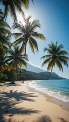 Serene Beach Scene with Palm Trees and Clear Blue Water
