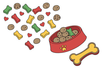 33 Colorful pet treats, Heart-shaped arrangement, Dog biscuits, Multi-colored bone-shaped cookies, Pet food photography, Overhead view, White background, Vibrant colors, Red, green, brown, and yellow 