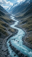Serene River Flowing Through Majestic Mountain Valleys Landscape