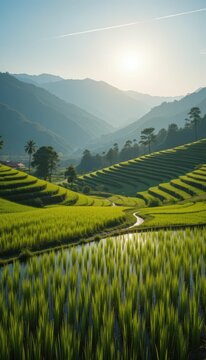 Lush Green Rice Terraces Under Sunrise in Scenic Mountain Landscape