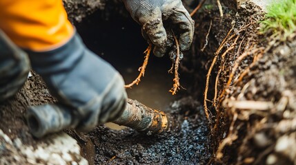 A clogged underground drainpipe with roots growing inside, being cut away with special tools