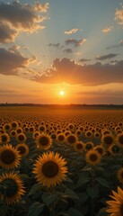 Obraz premium Vibrant Sunflower Field at Sunset with Golden Sky and Clouds